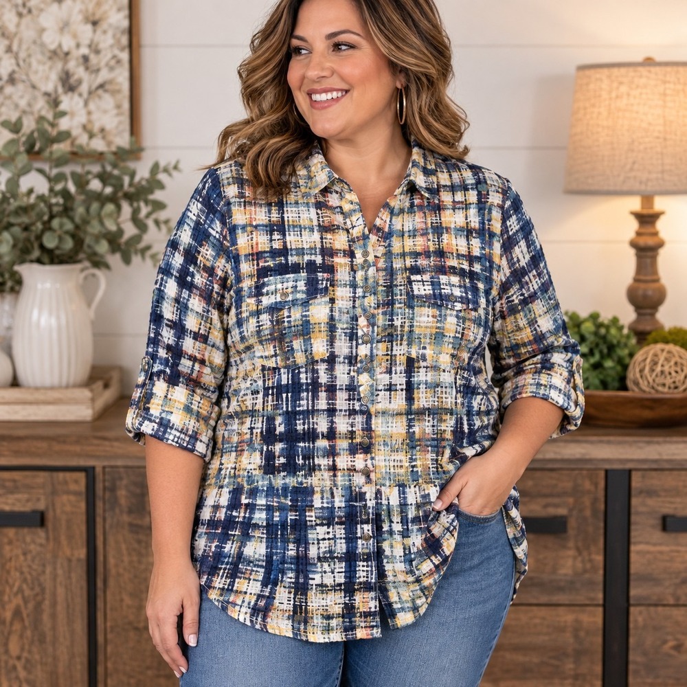 New Directions Watercolor Plaid Henley Tunic Top Women's Large Artsy Lagenlook